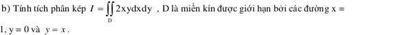 Tính tích phân kép I=∈t _D2xydxdy , D là miền kín được giới hạn bởi các đường x=
1. y=0 và y=x.