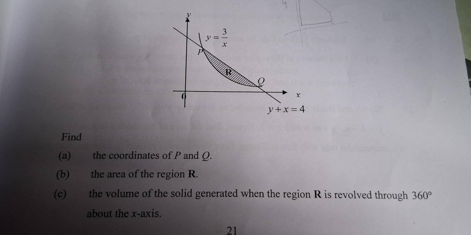 Find
(a) the coordinates of P and Q.
(b) the area of the region R.
(c) the volume of the solid generated when the region R is revolved through 360°
about the x-axis.
21