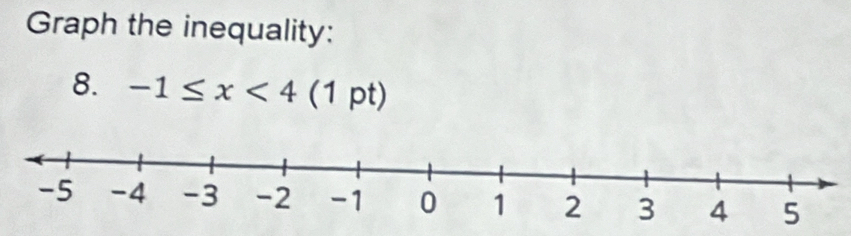 Graph the inequality: 
8. -1≤ x<4</tex> (1 pt)