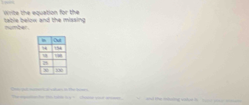 Write the equation for the 
table below and the missing . 
number. 
Cnygut numenical vaitues in the boves. 
The equsion tor this table-b y_ choose your answer.. and the missing value is tine your m
