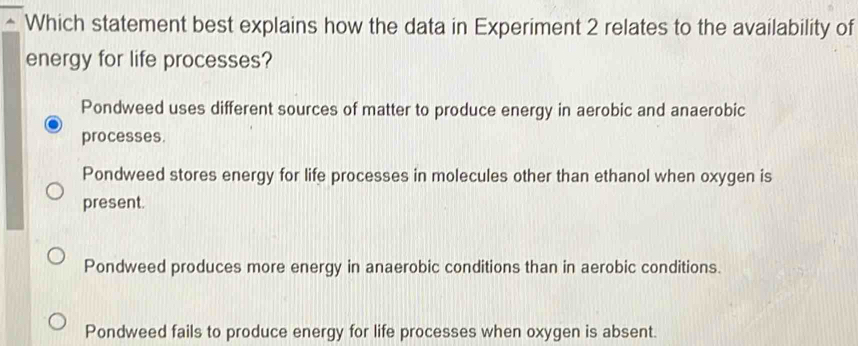 Which statement best explains how the data in Experiment 2 relates to the availability of
energy for life processes?
Pondweed uses different sources of matter to produce energy in aerobic and anaerobic
processes.
Pondweed stores energy for life processes in molecules other than ethanol when oxygen is
present.
Pondweed produces more energy in anaerobic conditions than in aerobic conditions.
Pondweed fails to produce energy for life processes when oxygen is absent.