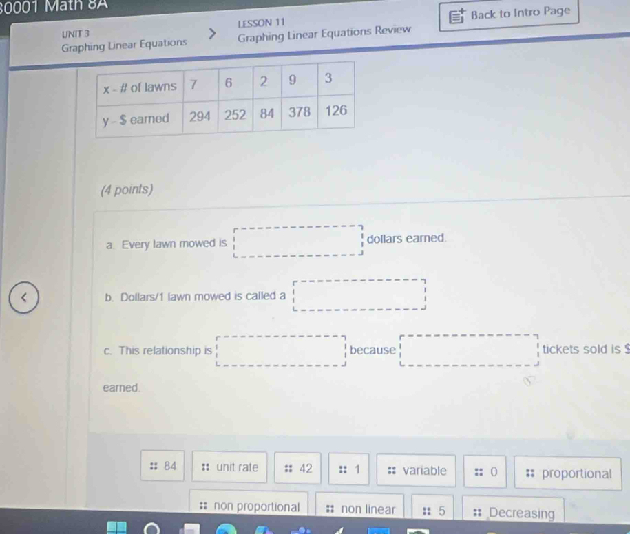 30001 Math 8A
UNIT 3 LESSON 11 Back to Intro Page
Graphing Linear Equations Graphing Linear Equations Review
(4 points)
a. Every lawn mowed is □ dollars earned.
< b.  Dollars/1 lawn mowed is called a
c. This relationship is □ because ------------- tickets sold is 
eared.
84 unit rate 42 1 variable 0 proportional
non proportional non linear 5 Decreasing