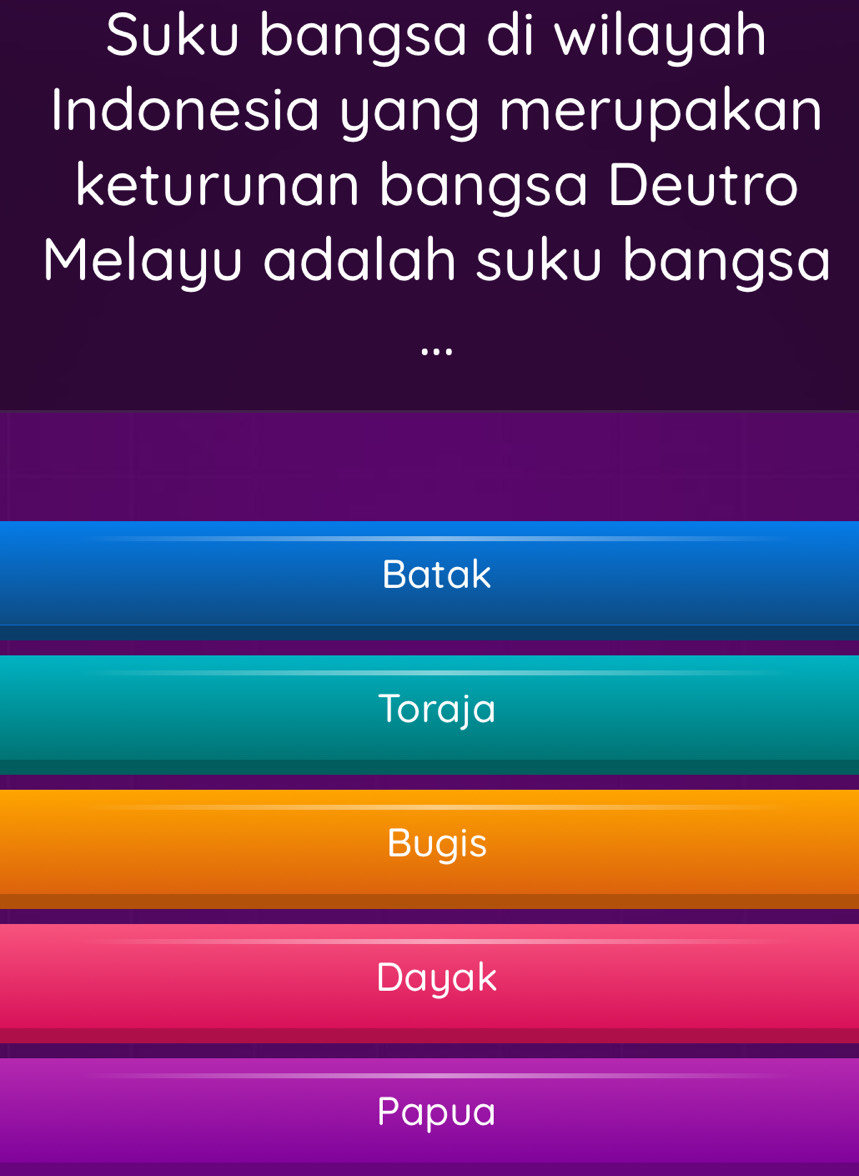 Suku bangsa di wilayah
Indonesia yang merupakan
keturunan bangsa Deutro
Melayu adalah suku bangsa
…
Batak
Toraja
Bugis
Dayak
Papua