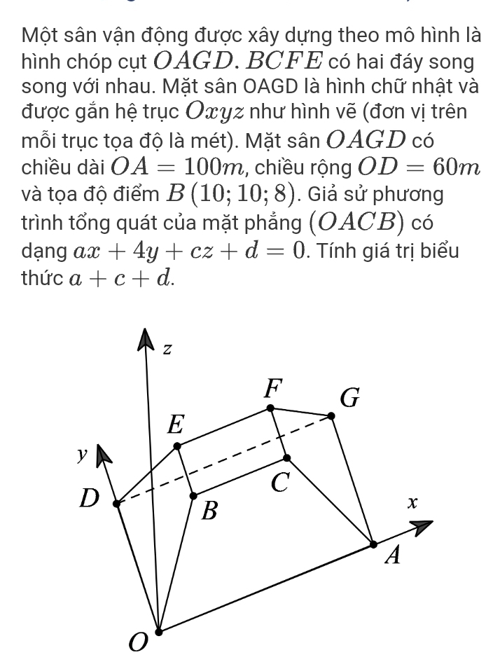 Một sân vận động được xây dựng theo mô hình là 
hình chóp cụt OAGD. BCFE có hai đáy song 
song với nhau. Mặt sân OAGD là hình chữ nhật và 
được gắn hệ trục Oxyz như hình vẽ (đơn vị trên 
mỗi trục tọa độ là mét). Mặt sân OAGD có 
chiều dài OA=100m , chiều rộng OD=60m
và tọa độ điểm B(10;10;8). Giả sử phương 
trình tổng quát của mặt phẳng (OACB) có 
dạng ax+4y+cz+d=0. Tính giá trị biểu 
thức a+c+d.