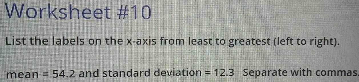 Worksheet #10 
List the labels on the x-axis from least to greatest (left to right). 
mean =54.2 and standard deviation =12.3 Separate with commas