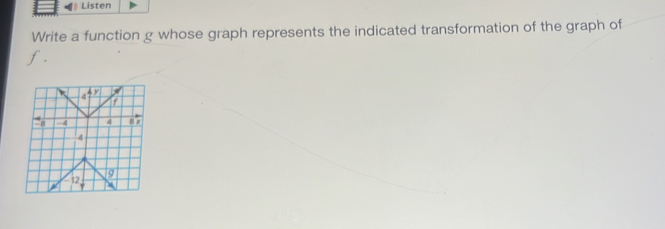 Listen 
Write a function g whose graph represents the indicated transformation of the graph of