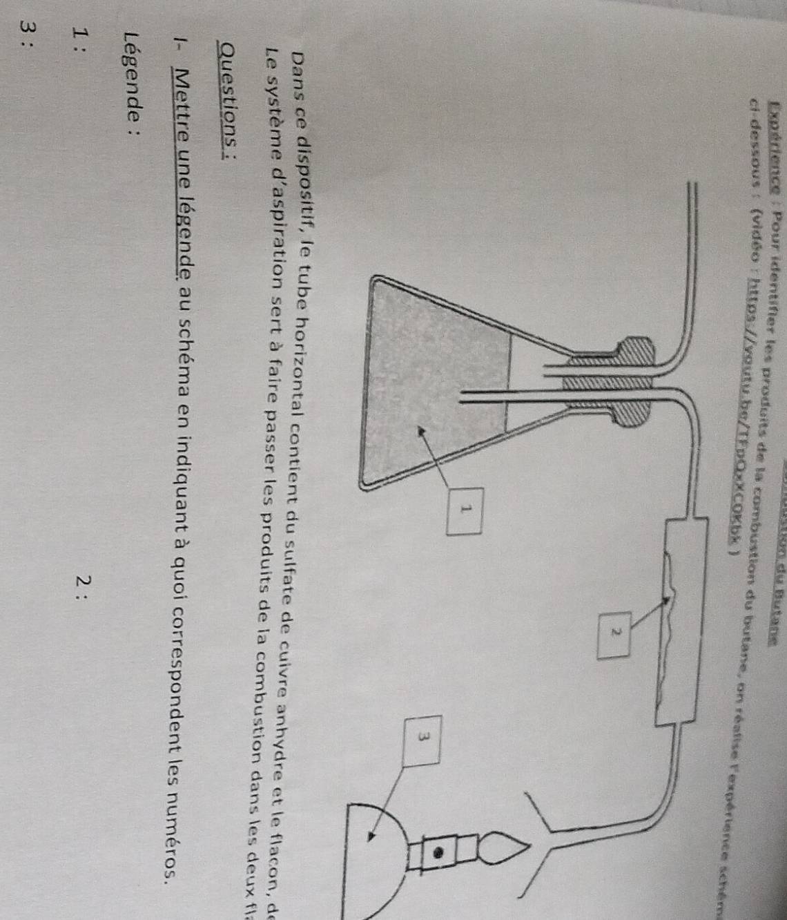 Büstón du Butane 
Expérience : Pour identifier les produits de la combustion du butane, on réalise l'expérience schém 
ci-dessous : (vidéo : https://voutu.be/TFpQxXCOKbk ) 
Dans ce dispositif, le tube horizontal contient du sulfate de cuivre anhydre et le flacon, de 
Le système d'aspiration sert à faire passer les produits de la combustion dans les deux fls 
Questions : 
I- Mettre une légende au schéma en indiquant à quoi correspondent les numéros. 
* Légende : 
1 : 2 : 
3 :