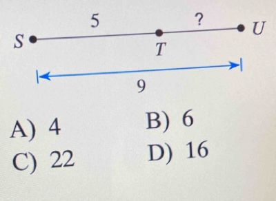 5
? U
s
T
9
A) 4 B) 6
C) 22 D) 16