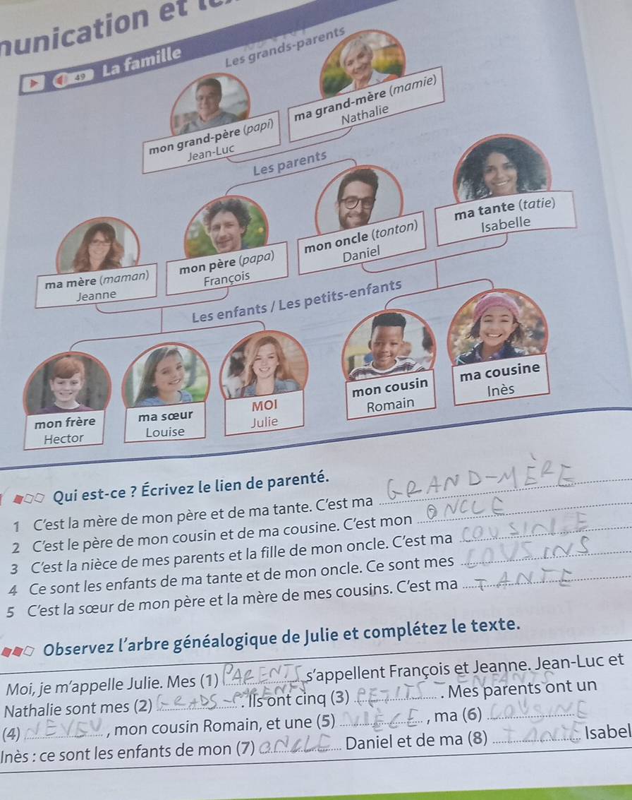 nunication et 
Qui est-ce ? Écrivez le lien de parenté._ 
1 C'est la mère de mon père et de ma tante. C'est ma_ 
2 C’est le père de mon cousin et de ma cousine. C’est mon_ 
3 C’est la nièce de mes parents et la fille de mon oncle. C’est ma_ 
4 Ce sont les enfants de ma tante et de mon oncle. Ce sont mes_ 
5 C’est la sœur de mon père et la mère de mes cousins. C'est ma 
Observez l´arbre généalogique de Julie et complétez le texte. 
Moi, je m'appelle Julie. Mes (1) CAP ENT s'appellent François et Jeanne. Jean-Luc et 
Nathalie sont mes (2) __. Ils ont cinq (3) _. Mes parents ont un 
(4) , mon cousin Romain, et une (5) _ ma (6)_ 
Inès : ce sont les enfants de mon (7) _Daniel et de ma (8) _Isabel