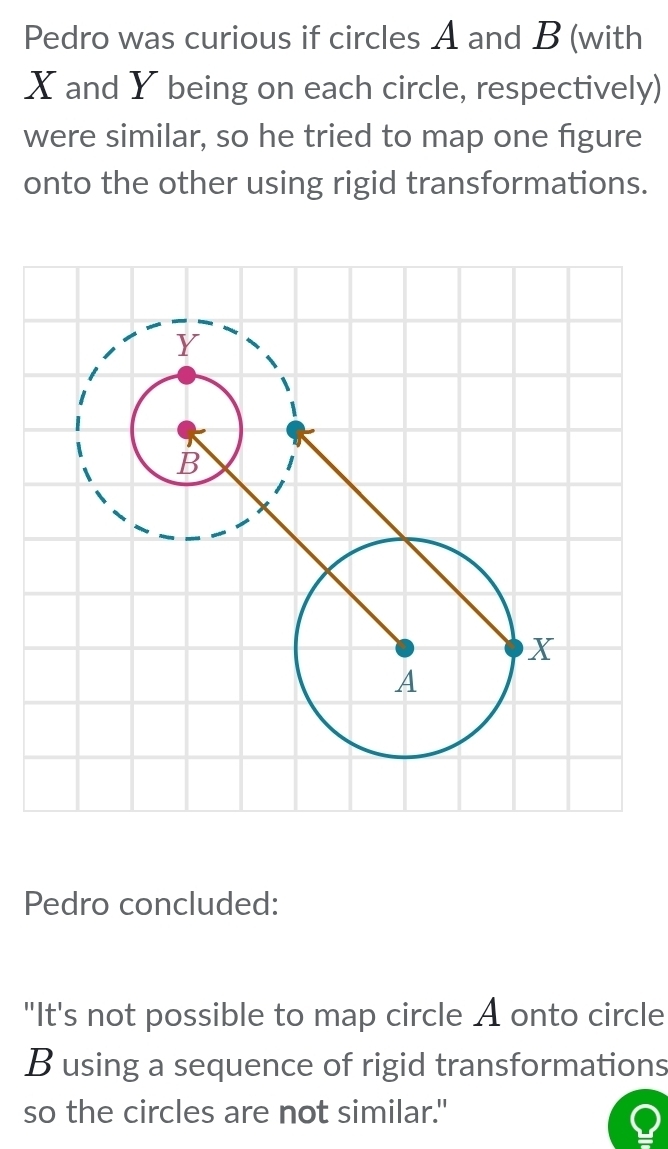 Pedro was curious if circles A and B (with
X and Y being on each circle, respectively) 
were similar, so he tried to map one figure 
onto the other using rigid transformations. 
Pedro concluded: 
"It's not possible to map circle A onto circle
B using a sequence of rigid transformations 
so the circles are not similar."