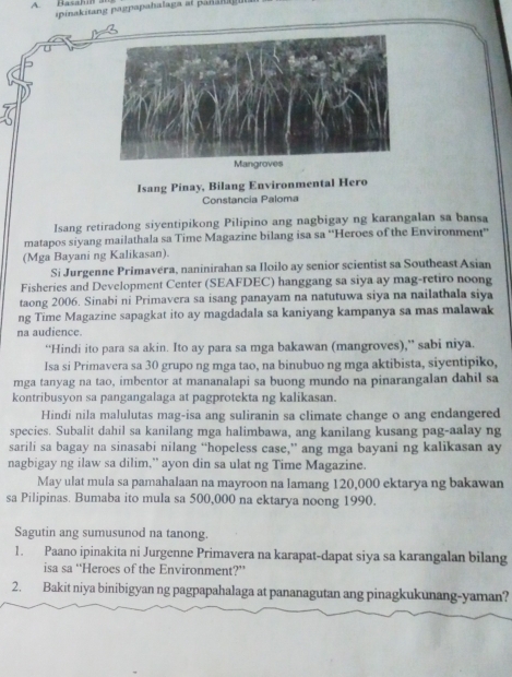 Basahil  ipinakitang pagpapahalaga ai pan   
U
Isang Pinay, Bilang Environmental Hero
Constancia Paloma
Isang retiradong siyentipikong Pilipino ang nagbigay ng karangalan sa bansa
matapos siyang mailathala sa Time Magazine bilang isa sa ''Heroes of the Environment''
(Mga Bayani ng Kalikasan).
Si Jurgenne Primavera, naninirahan sa Iloilo ay senior scientist sa Southeast Asian
Fisheries and Development Center (SEAFDEC) hanggang sa siya ay mag-retiro noong
taong 2006. Sinabi ni Primavera sa isang panayam na natutuwa siya na nailathala siya
ng Time Magazine sapagkat ito ay magdadala sa kaniyang kampanya sa mas malawak
na audience.
“Hindi ito para sa akin. Ito ay para sa mga bakawan (mangroves),” sabi niya.
Isa si Primavera sa 30 grupo ng mga tao, na binubuo ng mga aktibista, siyentipiko,
mga tanyag na tao, imbentor at mananalapi sa buong mundo na pinarangalan dahil sa
kontribusyon sa pangangalaga at pagprotekta ng kalikasan.
Hindi nila malulutas mag-isa ang suliranin sa climate change o ang endangered
species. Subalit dahil sa kanilang mga halimbawa, ang kanilang kusang pag-aalay ng
sarili sa bagay na sinasabi nilang “hopeless case,” ang mga bayani ng kalikasan ay
nagbigay ng ilaw sa dilim,” ayon din sa ulat ng Time Magazine.
May ulat mula sa pamahalaan na mayroon na lamang 120,000 ektarya ng bakawan
sa Pilipinas. Bumaba ito mula sa 500,000 na ektarya noong 1990.
Sagutin ang sumusunod na tanong.
1. Paano ipinakita ni Jurgenne Primavera na karapat-dapat siya sa karangalan bilang
isa sa “Heroes of the Environment?”
2. Bakit niya binibigyan ng pagpapahalaga at pananagutan ang pinagkukunang-yaman?