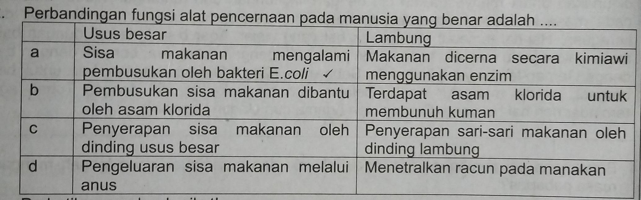 Perbandingan fungsi alat pencernaan pad