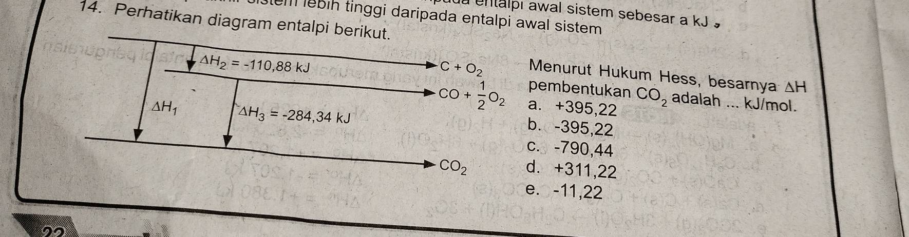 a entalpi awal sistem sebesar a kJ
em lebih tinggi daripada entalpi awal sistem .
14. Perhatikan diagram entalpi berikut.
△ H_2=-110,88kJ
C+O_2 Menurut Hukum Hess, besarnya ΔH
pembentukan CO_2 adalah ... kJ/mol.
△ H_1
△ H_3=-284,34kJ
CO+ 1/2 O_2 a. +395,22
b. -395,22
c. -790,44
CO_2 d. +311,22
e. -11,22