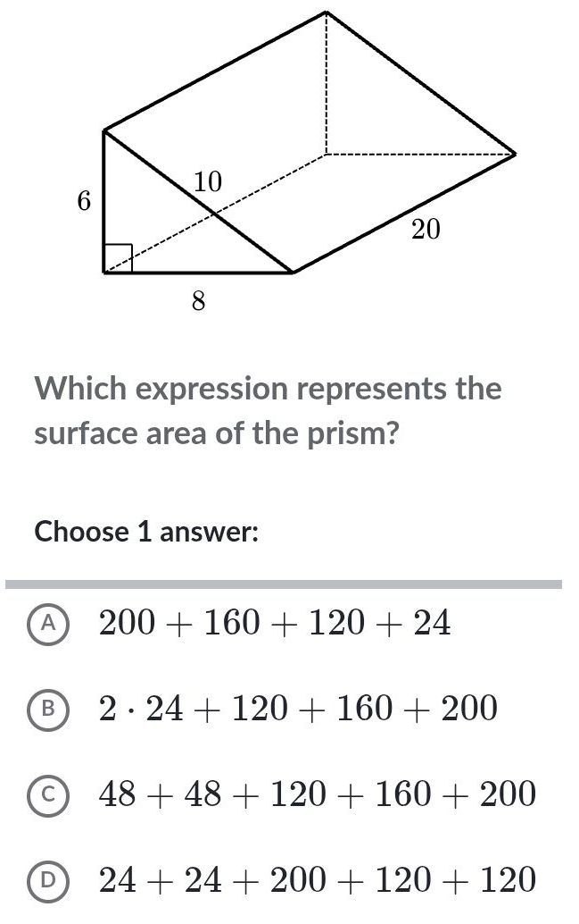 Which expression represents the
surface area of the prism?
Choose 1 answer:
A 200+160+120+24
B 2· 24+120+160+200
C 48+48+120+160+200
24+24+200+120+120