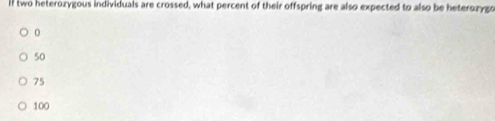 If two heterozygous individuals are crossed, what percent of their offspring are also expected to also be heterozygo
0
50
75
100