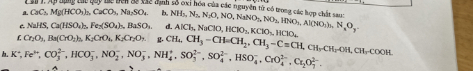 Cáu 1. Ấp tụng các quy lác trên đã xác định số oxỉ hóa của các nguyên tử có trong các hợp chất sau: 
a. CaC_2, Mg(HCO_3)_2, CaCO_3, Na_2SO_4. b. 
C. NaHS, Ca(HSO_4)_2, Fe_2(SO_4)_3, BaSO_3. d. NH_3, N_2, N_2O, NO, NaNO_2, NO_2, HNO_3, Al(NO_3)_3, N_xO_y. 
f. Cr_2O_3, Ba(CrO_2)_2, K_2CrO_4, K_2Cr_2O_7. g. AlCl_3, NaClO, HClO_2, KClO_3, HClO_4. 
h. K^+, Fe^(3+), CO_3^((2-), HCO_3^-, NO_2^-, NO_3^-, NH_4^+, SO_3^(2-), SO_4^(2-), HSO_4^-, CrO_4^(2-), Cr_2)O_7^((2-). CH_4), CH_3-CH=CH_2, CH_3-Cequiv CH, CH_3-CH_2-OH, CH_3-COOH.