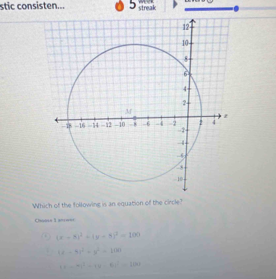 week
stic consisten... 5 streak
Which of the following is an equation of the circle?
Choose 1 answer:
(x-8)^2+(y+8)^2=100
(x-8)^2+y^2=100
(x-8)^2+(y-6)^2=100