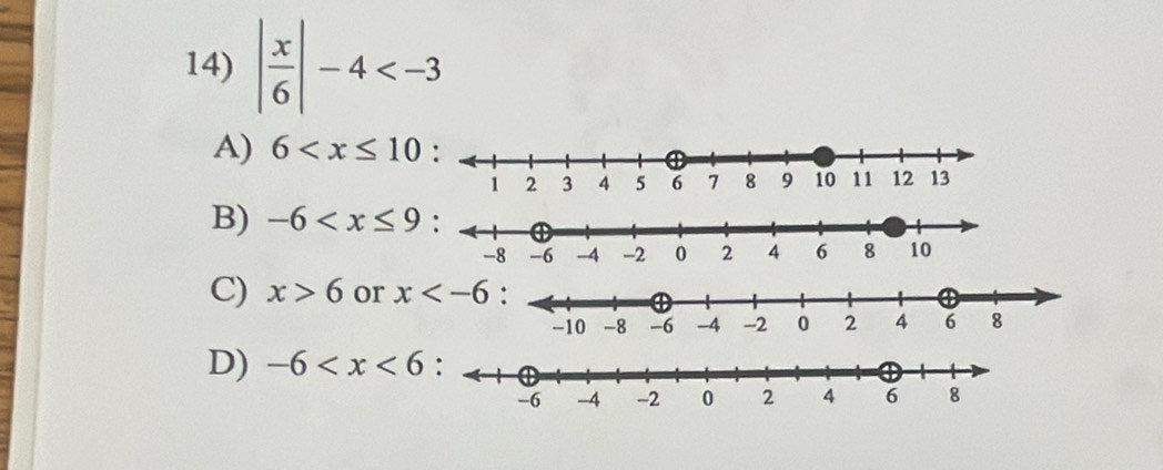 | x/6 |-4
A) 6
B) -6
C) x>6 or
D) -6