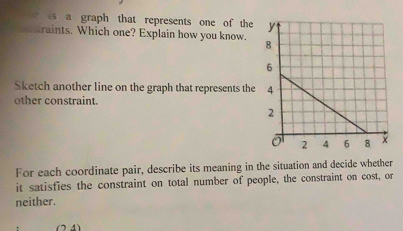 is a graph that represents one of the 
destraints. Which one? Explain how you know. 
Sketch another line on the graph that represents the 
other constraint. 
For each coordinate pair, describe its meaning in the situation and decide whether 
it satisfies the constraint on total number of people, the constraint on cost, or 
neither.
(24)