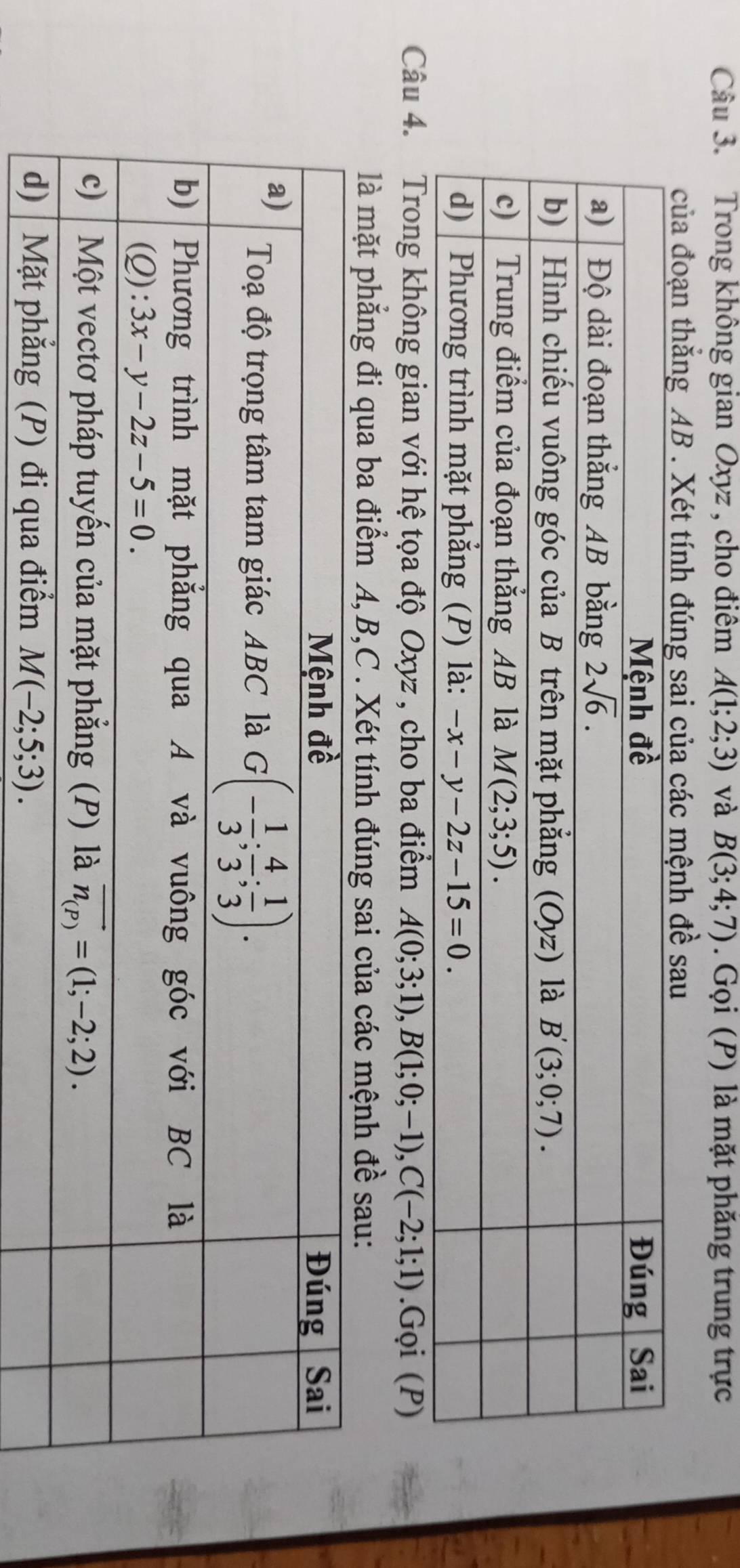 Trong không gian Oxyz , cho điểm A(1;2;3) và B(3;4;7). Gọi (P) là mặt phăng trung trực
của đoạn thắng AB . Xét tính đúng sai của các mệnh đề sau
Câu 4. Trong không gian với hệ tọa độ Oxyz , cho ba điểm A(0;3;1),B(1;0;-1),C(-2;1;1).Gọi (P)
là mặt phẳng đi qua ba điểm A,B,C . Xét tính đúng sai của các mệnh đề sau: