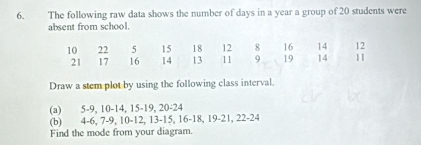 The following raw data shows the number of days in a year a group of 20 students were 
absent from school. 
Draw a stem plot by using the following class interval. 
(a) 5 -9, 10 -14, 15 -19, 20 -24
(b) 4 -6, 7 -9, 10 -12, 13 - 15, 16 -18, 19 -21, 22 - 24
Find the mode from your diagram.