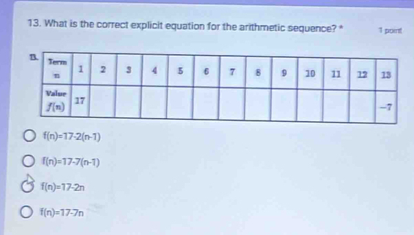 What is the correct explicit equation for the arithmetic sequence? * 1 point
f(n)=17-2(n-1)
f(n)=17-7(n-1)
f(n)=17-2n
f(n)=17-7n