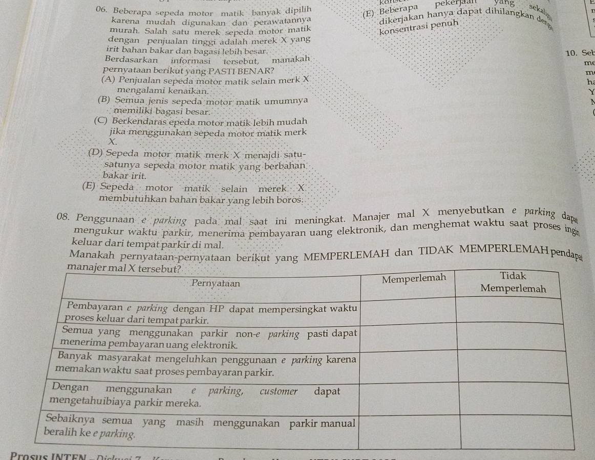 Beberapa sepeda motor matik banyak dipilih pekerjäan yang
(E) Beberapa
sekalip
karena mudah digunakan dan perawatannya dikerjakan hanya dapät dihilangkan deng
murah. Salah satu merek sepeda motor matik
konsentrasi penuh
dengan penjualan tinggi adalah merek X yang
irit bahan bakar dan bagasi lebih besar. 10. Seb
Berdasarkan informasi tersebut, manakah
me
pernyataan berikut yang PASTI BENAR?
m
(A) Penjualan sepeda motor matik selain merk X h
mengalami kenaikan.
Y
(B) Semua jenis sepeda motor matik umumnya
memiliki bagasi besar.
(C) Berkendaras epeda motor matik lebih mudah
jika menggunakan sepeda motor matik merk
X.
(D) Sepeda motor matik merk X menajdi satu-
satunya sepeda motor matik yang berbahan
bakar irit.
(E) Sepeda motor matik selain merek X
membutuhkan bahan bakar yang lebih boros:
08. Penggunaan e parking pada mal saat ini meningkat. Manajer mal X menyebutkan e parking dapa
mengukur waktu parkir, menerima pembayaran uang elektronik, dan menghemat waktu saat proses ingi
keluar dari tempat parkir di mal.
Manakah pernyataan-pernyataan berikut yang MEMPERLEMAH dan TIDAK MEMPERLEMAHpendapa
Prosus Inten Di