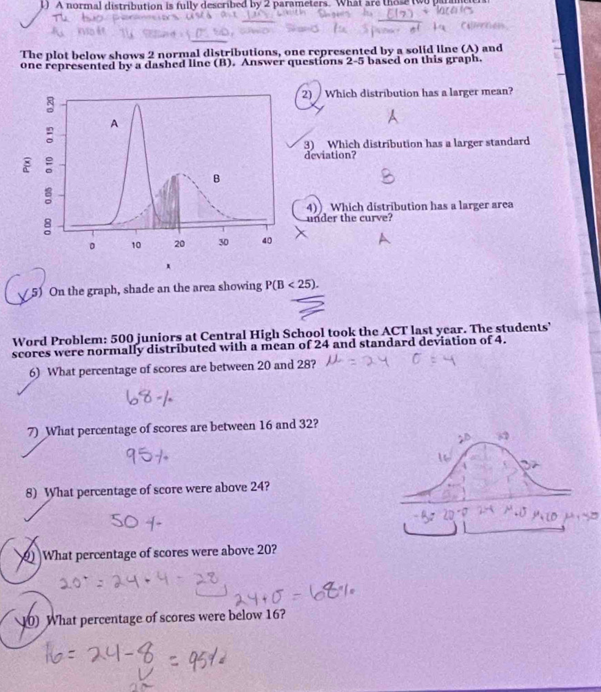 A normal distribution is fully described by 2 parameters. What are those two par 
The plot below shows 2 normal distributions, one represented by a solid line (A) and 
one represented by a dashed line (B). Answer questions 2-5 based on this graph. 
2) Which distribution has a larger mean? 
3) Which distribution has a larger standard 
deviation? 
4)) Which distribution has a larger area 
under the curve? 
5) On the graph, shade an the area showing P(B<25). 
Word Problem: 500 juniors at Central High School took the ACT last year. The students’ 
scores were normally distributed with a mean of 24 and standard deviation of 4. 
6) What percentage of scores are between 20 and 28? 
7) What percentage of scores are between 16 and 32? 
8) What percentage of score were above 24? 
What percentage of scores were above 20? 
10) What percentage of scores were below 16?