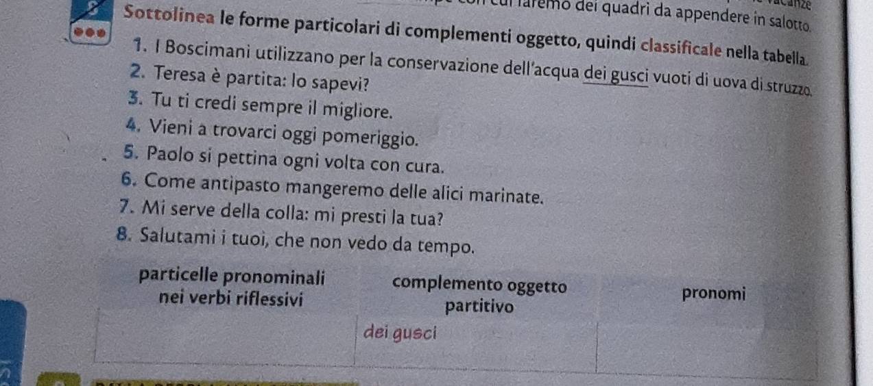 acanze 
ul lalemo del quadri da appendere in salotto. 
Sottolinea le forme particolari di complementi oggetto, quindi classificale nella tabella. 
1. I Boscimani utilizzano per la conservazione dell’acqua dei gusci vuoti di uova di struzzo 
2. Teresa è partita: lo sapevi? 
3. Tu ti credi sempre il migliore. 
4. Vieni a trovarci oggi pomeriggio. 
5. Paolo si pettina ogni volta con cura. 
6. Come antipasto mangeremo delle alici marinate. 
7. Mi serve della colla: mi presti la tua? 
8. Salutami i tuoi, che non vedo da tempo. 
particelle pronominali complemento oggetto 
nei verbi riflessivi pronomi 
partitivo 
dei gusci