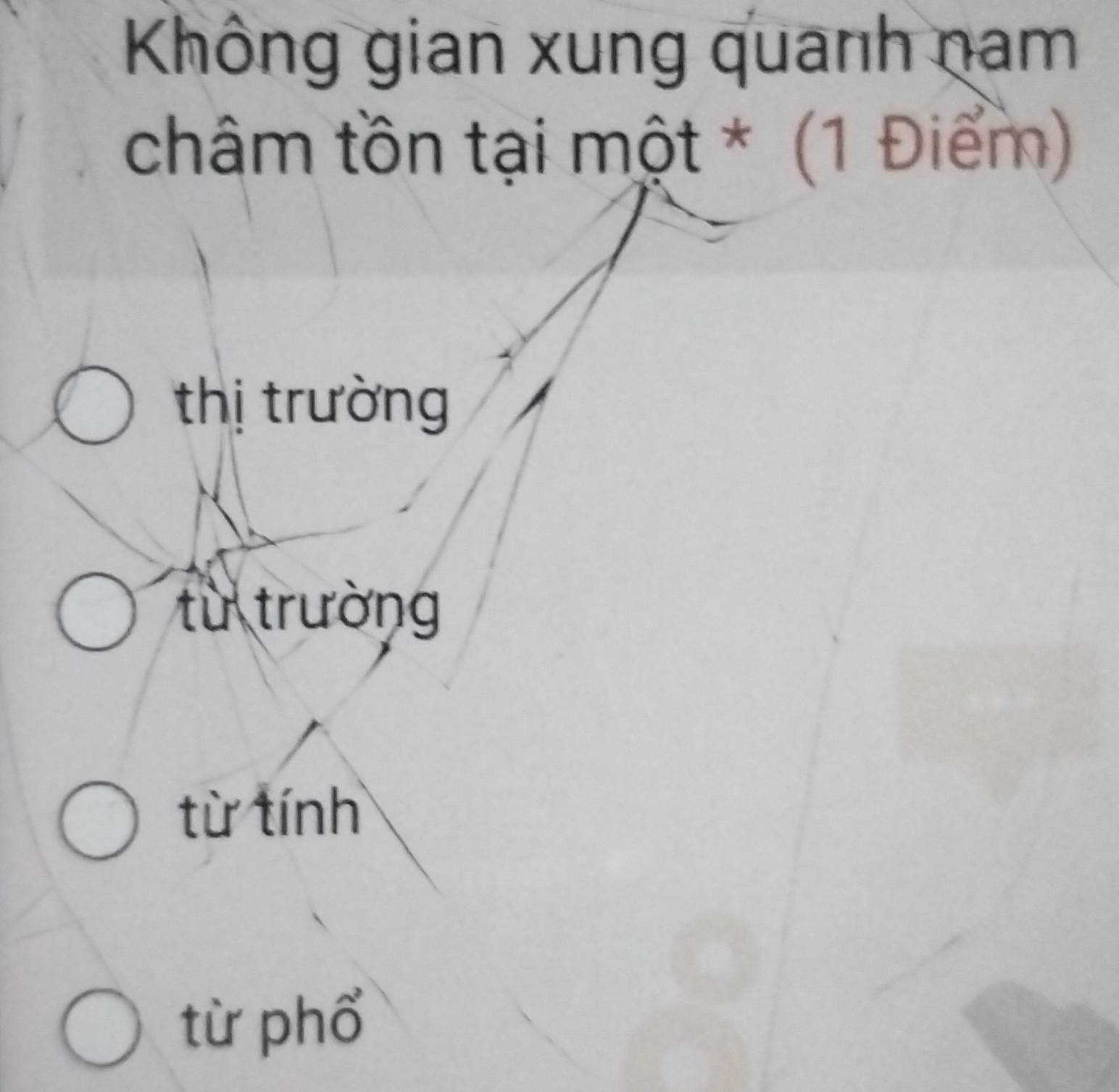 Không gian xung quanh nam
châm tồn tại một * (1 Điểm)
thị trường
từ trường
từ tính
từ phổ