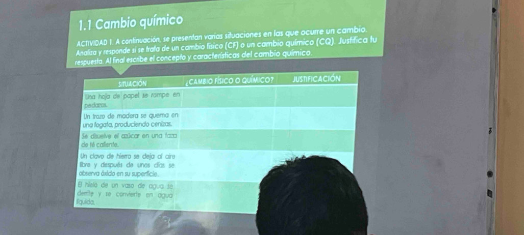 1.1 Cambio químico 
ACTIVIDAD 1. A continuación, se presentan varias situaciones en las que ocurre un cambio. 
Analiza y responde sí se trata de un cambio físico (CF) o un cambio químico (CQ) Justífica tu 
respuesta. Al final escribe el concepto y características del cambio químico.