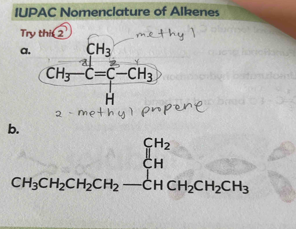 IUPAC Nomenclature of Alkenes 
Try thi 2 
a.
-x+1= □ /□   CH_3
CH₃ C=C CH₃
H 
b.
CH_3CH_2CH_2CH_2-CHCH_2CH_3