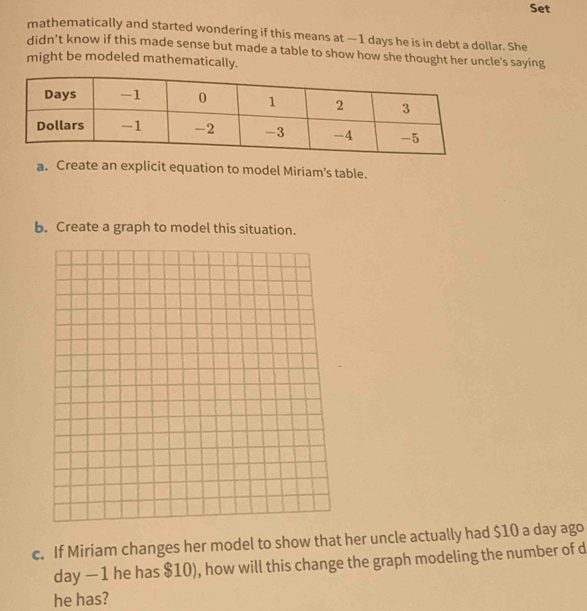 Set 
mathematically and started wondering if this means at — 1 days he is in debt a dollar. She 
didn’t know if this made sense but made a table to show how she thought her uncle's saying 
might be modeled mathematically. 
a. Create an explicit equation to model Miriam’s table. 
b. Create a graph to model this situation. 
c. If Miriam changes her model to show that her uncle actually had $10 a day ago
day — 1 he has $10), how will this change the graph modeling the number of d 
he has?