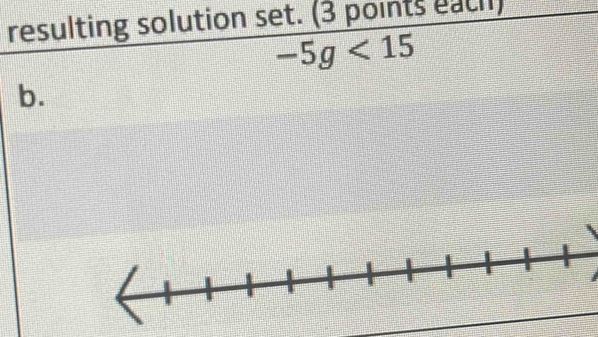 resulting solution set. (3 points each)
-5g<15</tex> 
b.