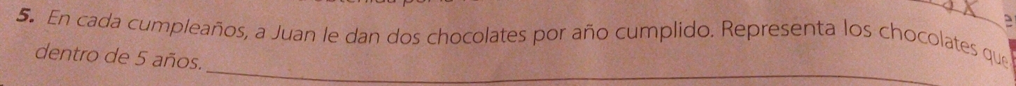 En cada cumpleaños, a Juan le dan dos chocolates por año cumplido. Representa los chocolates que 
_ 
dentro de 5 años.