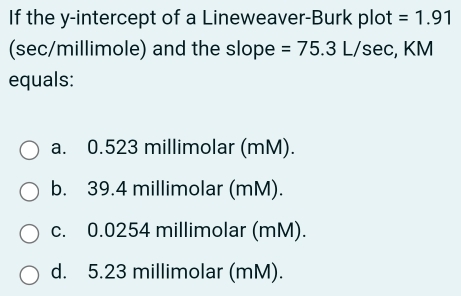 Solved: If the y-intercept of a Lineweaver-Burk plot =1.91 (sec ...