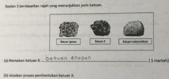 Soalan 3 berdasarkan rajah yang menunjukkan jenis batuan. 
(a) Namakan batuan X. _[ 1 markah] 
(b) Jelaskan proses pembentukan batuan X.