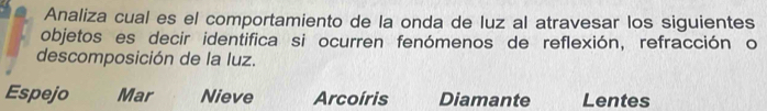 Analiza cual es el comportamiento de la onda de luz al atravesar los siguientes
objetos es decir identifica si ocurren fenómenos de reflexión, refracción o
descomposición de la luz.
Espejo Mar Nieve Arcoíris Diamante Lentes