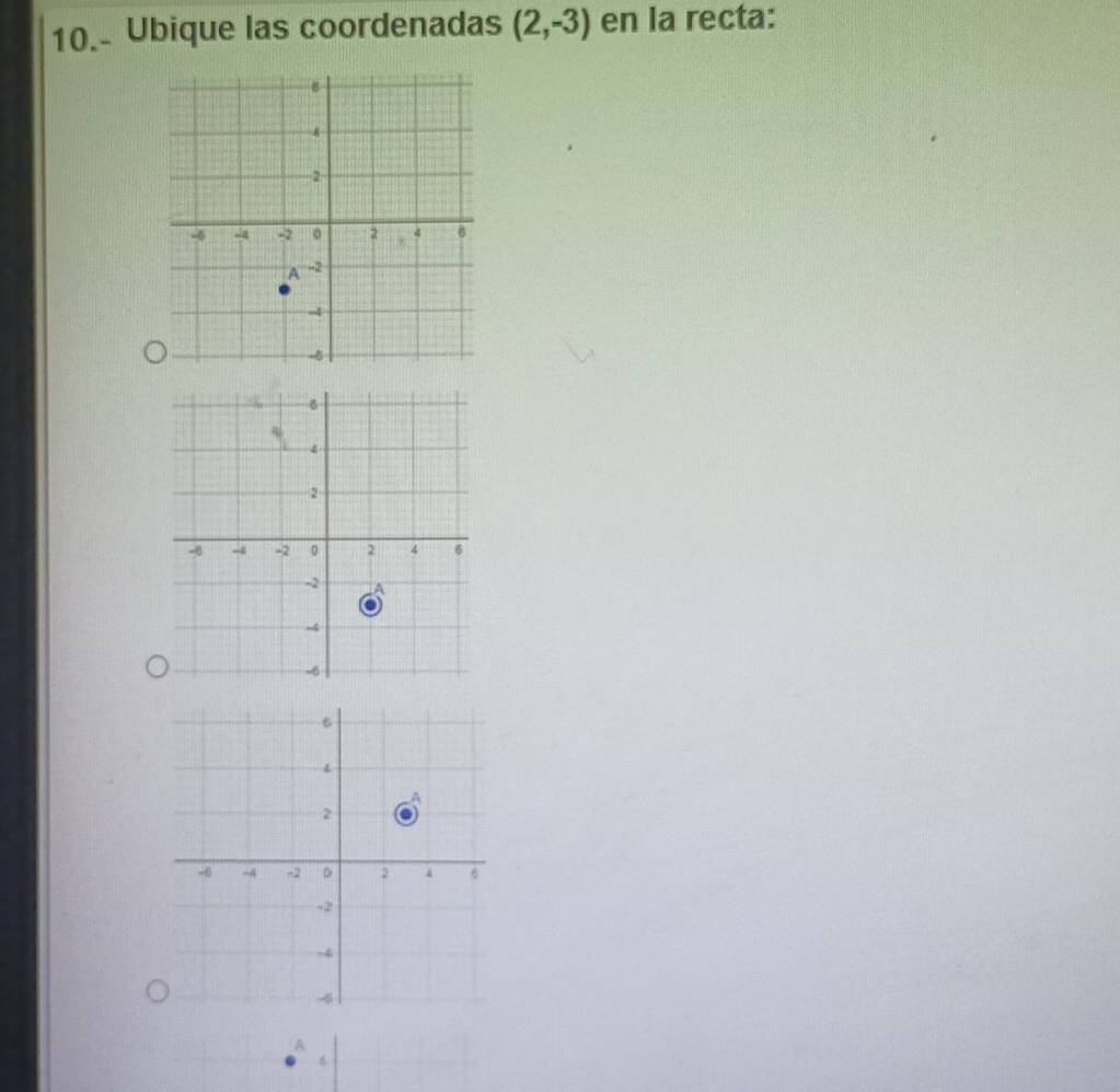 Ubique las coordenadas (2,-3) en la recta: 
A
6