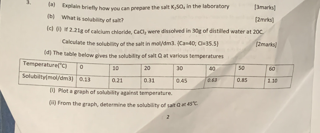 Explain briefly how you can prepare the salt K_2SO_4 in the laboratory [3marks]
(b) What is solubility of salt? [2mrks]
(c) (i) If 2.21g of calcium chloride, CaCl_2 were dissolved in 30g of distilled water at 20C.
Calculate the solubility of the salt in mol/dm3.  Ca=40;Cl=35.5 [2marks]
(d) The table below gives the solubility of salt Q at various temperatures
against temperature.
(ii) From the graph, determine the solubility of salt Q at 45°C.
2