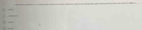 A secondary storyline in a narrative that contains the same characters and occurs during the same time period as the main plot is called a_
condlict
parallel plot
subplot
climax