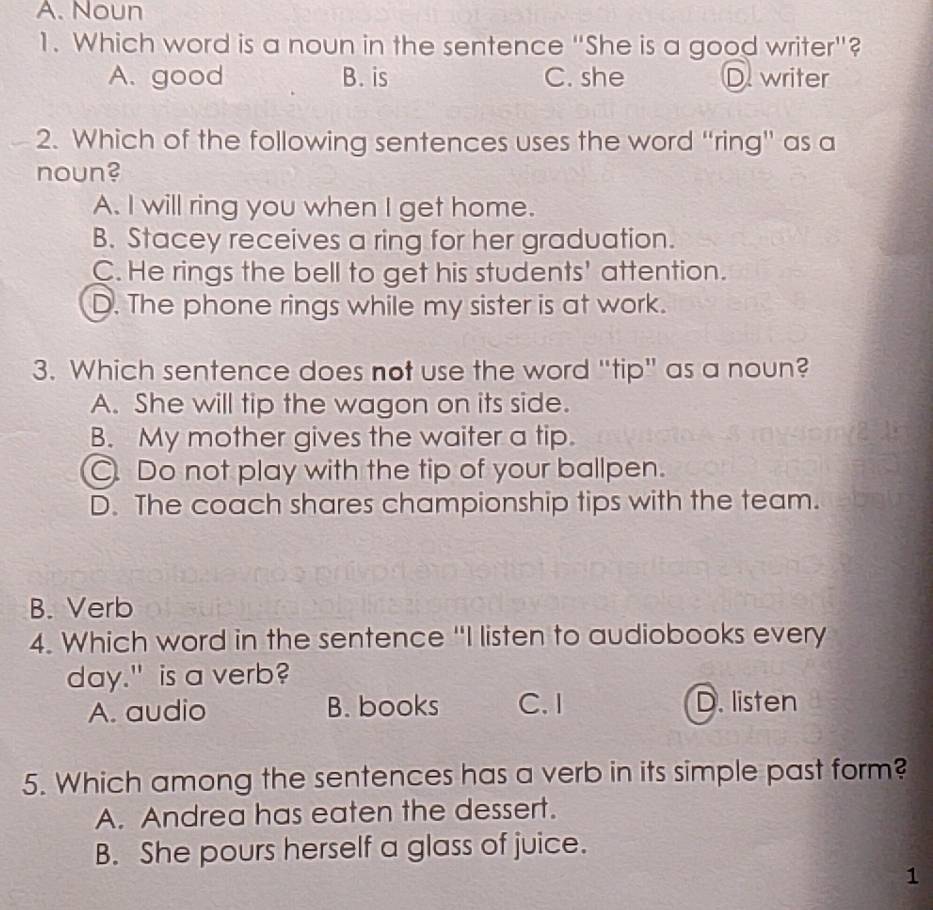 Solved: A. Noun 1. Which word is a noun in the sentence 