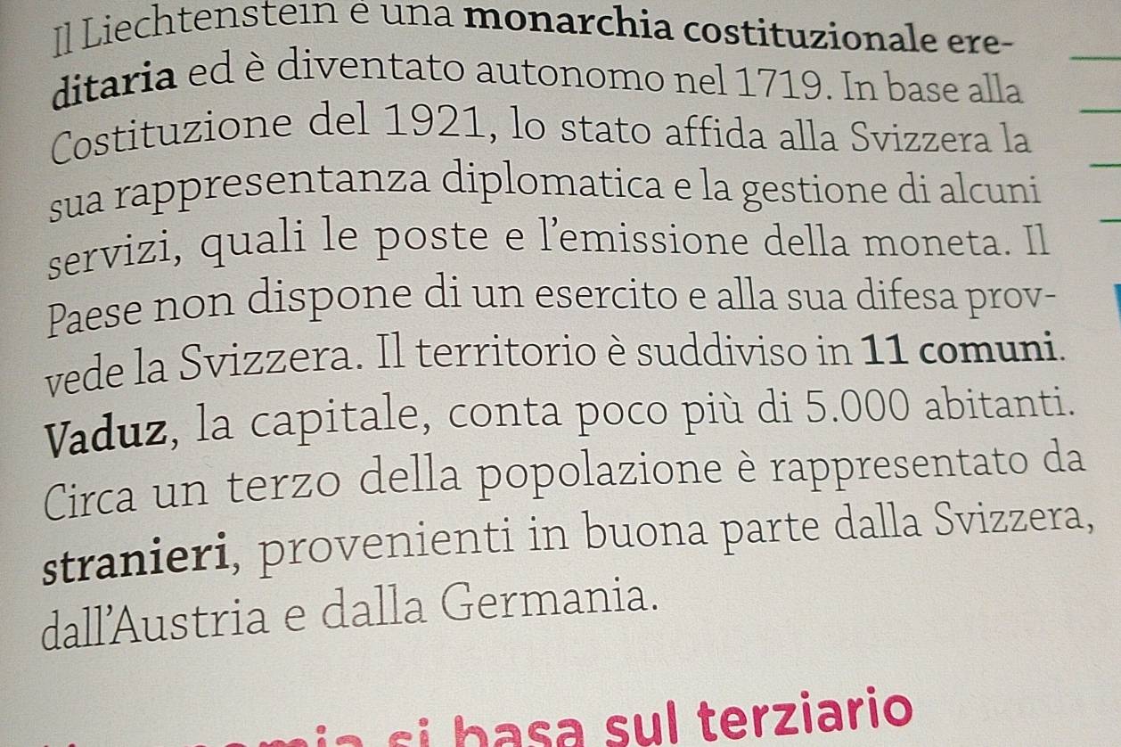 Il Liechtenstein e una monarchia costituzionale ere- 
ditaria ed è diventato autonomo nel 1719. In base alla 
Costituzione del 1921, lo stato affida alla Svizzera la 
sua rappresentanza diplomatica e la gestione di alcuni 
servizi, quali le poste e l’emissione della moneta. Il 
Paese non dispone di un esercito e alla sua difesa prov- 
vede la Svizzera. Il territorio è suddiviso in 11 comuni. 
Vaduz, la capitale, conta poco più di 5.000 abitanti. 
Circa un terzo della popolazione è rappresentato da 
stranieri, provenienti in buona parte dalla Svizzera, 
dall'Austria e dalla Germania. 
c í s i basa sul terziario