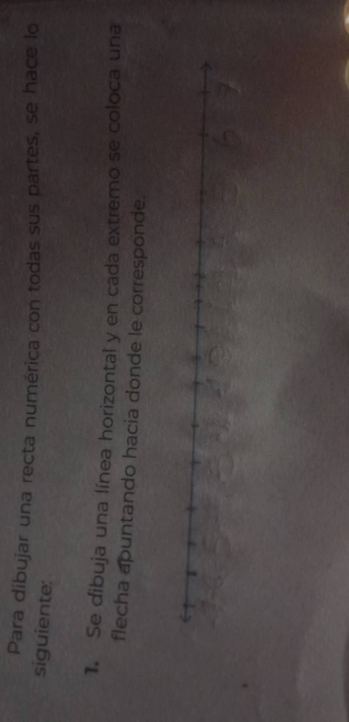 Para dibujar una recta numérica con todas sus partes, se hace lo 
siguiente: 
1. Se dibuja una línea horizontal y en cada extremo se coloca una 
flecha apuntando hacia donde le corresponde.