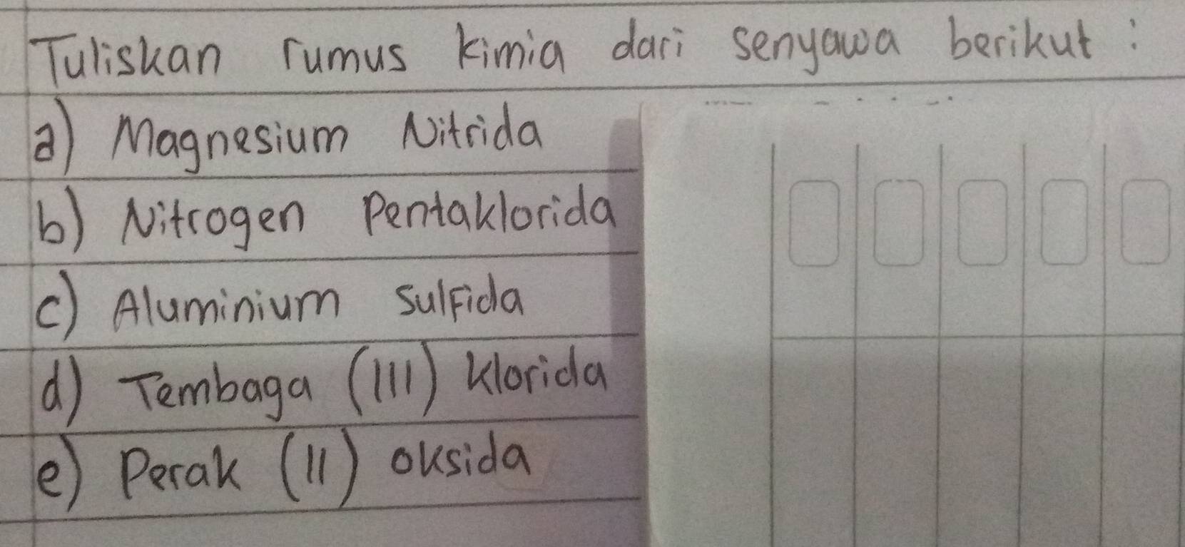 Tulishan rumus kimia dari senyawa berikut: 
() Magnesium Nitrida 
b) Nitrogen Pentaklorida 
() Aluminium sulfida 
d) Tembaga (1l1) klorida 
(e) Perak(11) ousida