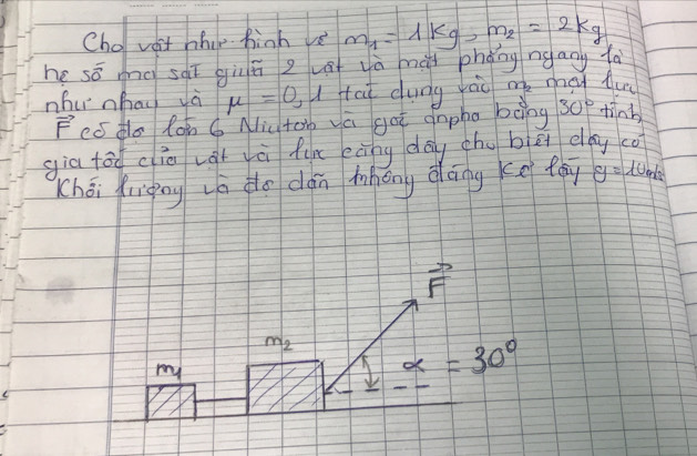 Chol veit hhi hinh vs
he sō mà sqī gùú z uá yù mài phǒng ngany fà m_1=lambda kg, m_2=2kg
nhu nhac yà mu =0 I fai dung yào m_2 mat fu
vector F códe Ron C Aiu ton va got dopbo bàng 30° tinb
gia tād cia vài yù fun eàng dōg chu bìāi dag co
Khéi fuigng uū do dǎn mhōng gáng ce fán y=10m/s
vector F
m_2 alpha =30°
my