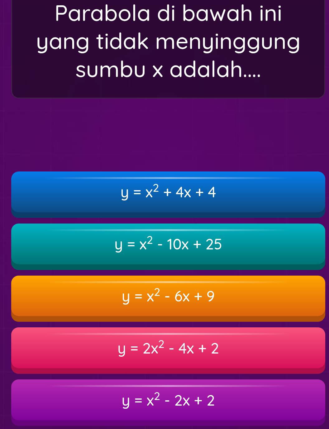 Parabola di bawah ini
yang tidak menyinggung
sumbu x adalah....
y=x^2+4x+4
y=x^2-10x+25
y=x^2-6x+9
y=2x^2-4x+2
y=x^2-2x+2