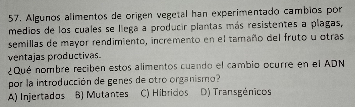 Algunos alimentos de origen vegetal han experimentado cambios por
medios de los cuales se llega a producir plantas más resistentes a plagas,
semillas de mayor rendimiento, incremento en el tamaño del fruto u otras
ventajas productivas.
¿Qué nombre reciben estos alimentos cuando el cambio ocurre en el ADN
por la introducción de genes de otro organismo?
A) Injertados B) Mutantes C) Híbridos D) Transgénicos