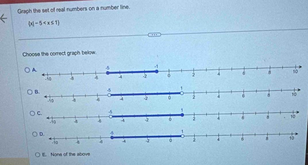 Graph the set of real numbers on a number line.
 x|-5
Choose the correct graph below.
E. None of the above