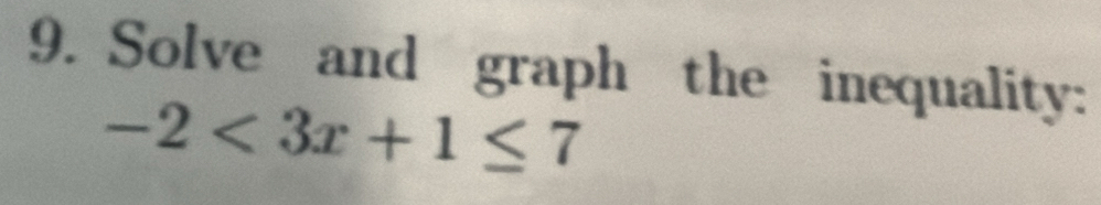 Solve and graph the inequality:
-2<3x+1≤ 7